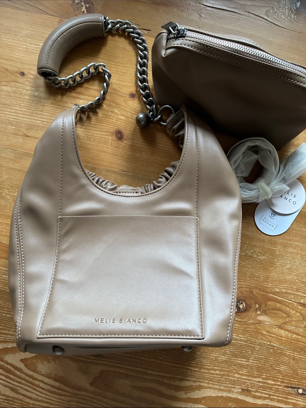 Melie Bianco Tan Taupe Recycled Vegan Slouchy Shoulder Crossbody Chain Bag